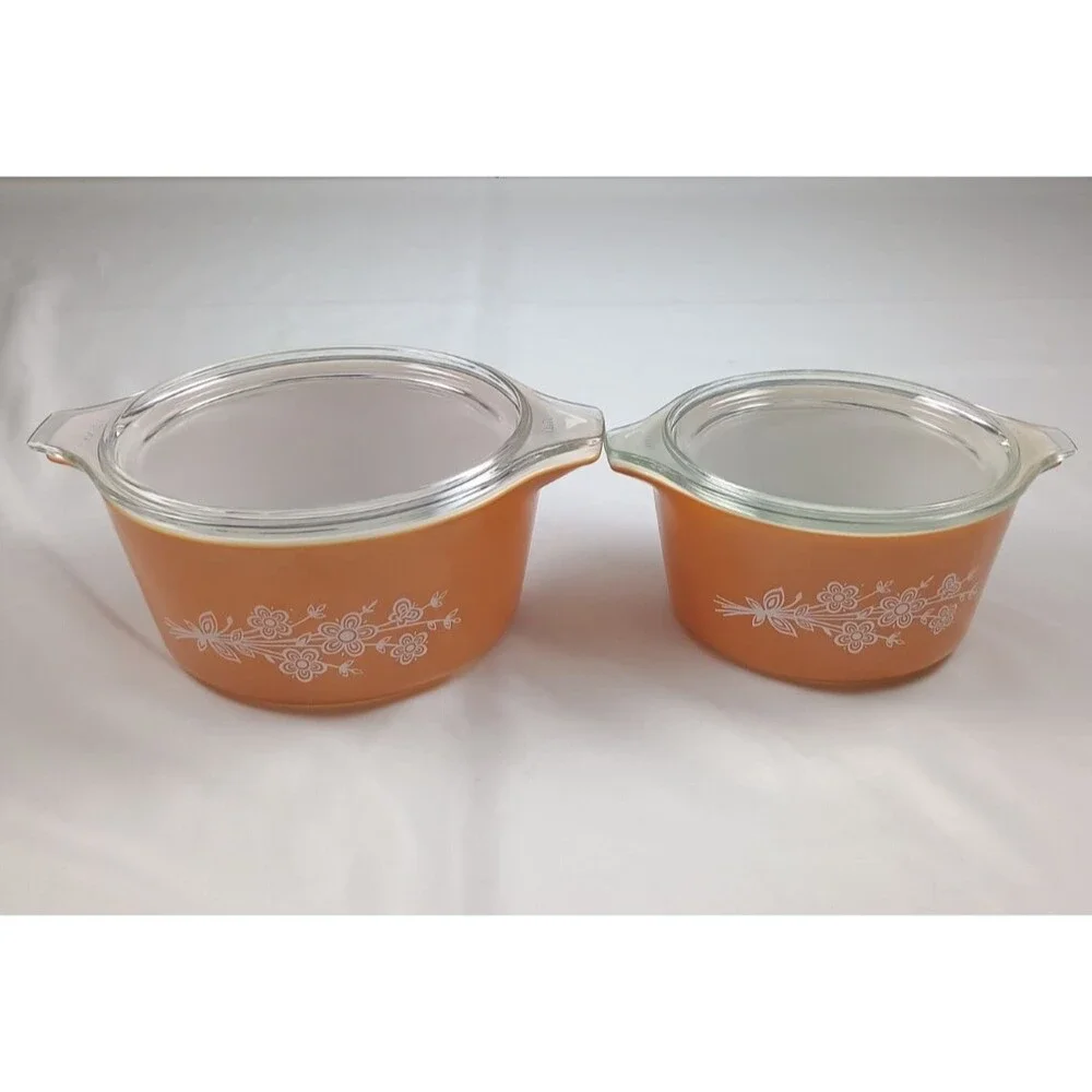 Vintage Pyrex Butterfly Gold Casserole Set 473-B 474-B With Lids No DWD Shiny